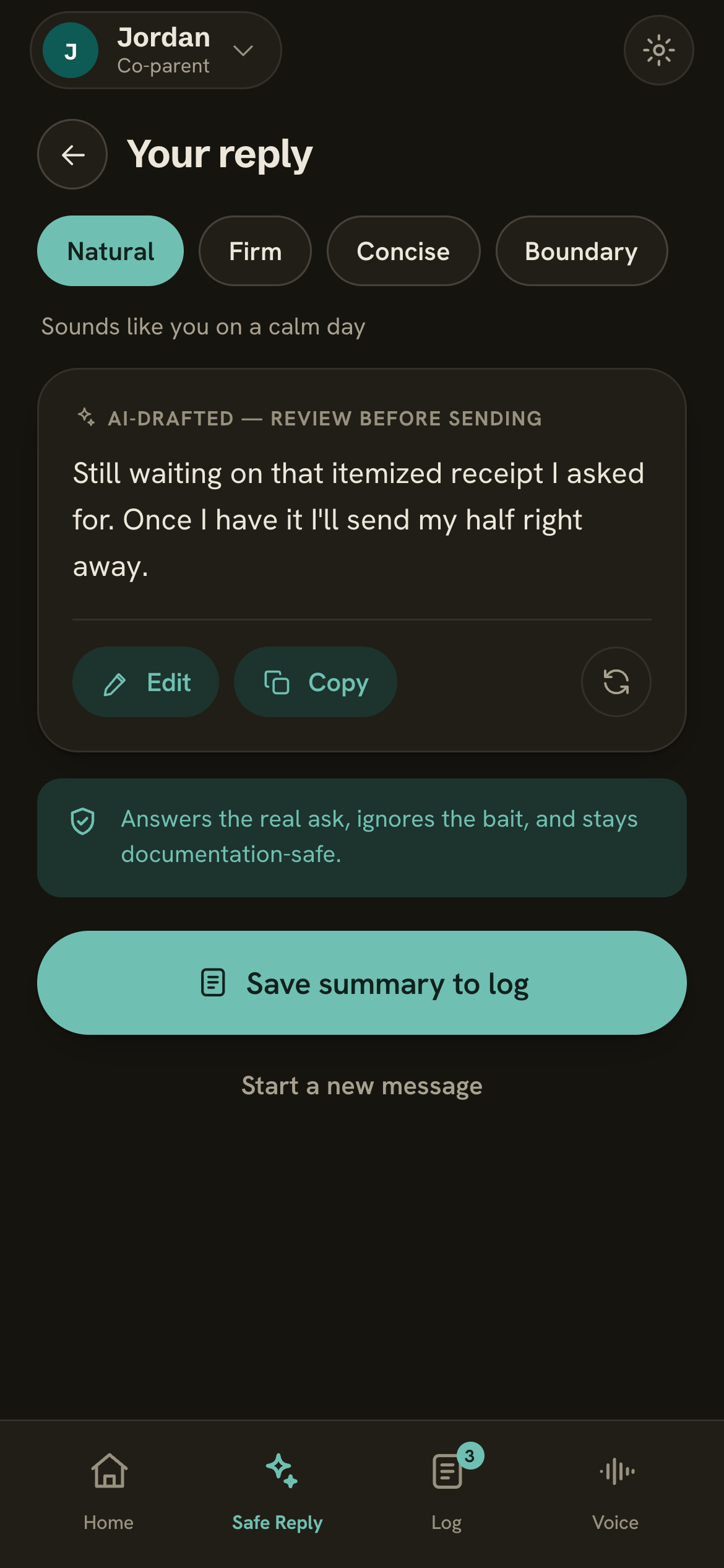 SteadyReply app — drafting a calm reply